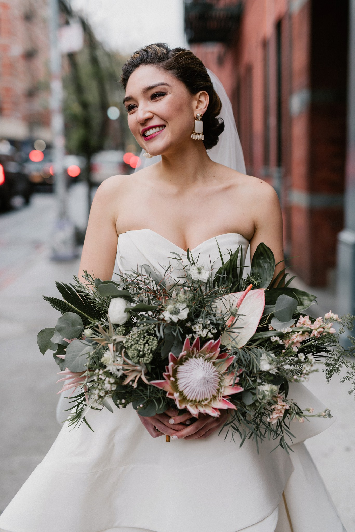 soho bridal portrait protea bouquet apotheca flower shoppe