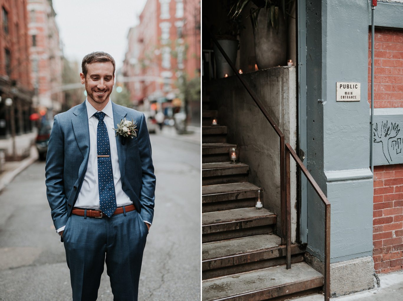 public restaurant wedding groom blue suit